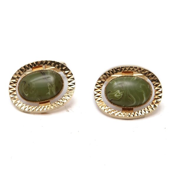 Vintage Other - Vintage Gold Metal Green Stone Cufflinks Nested Jade Oval Retro Classic